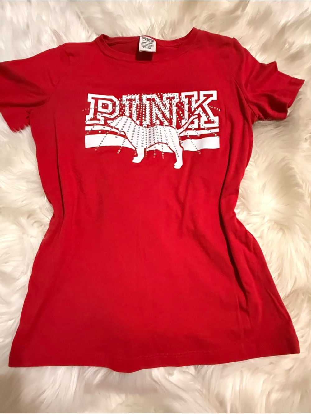 PINK Victoria's Secret Red Short-Sleeve Logo Tee with Dog Graphic